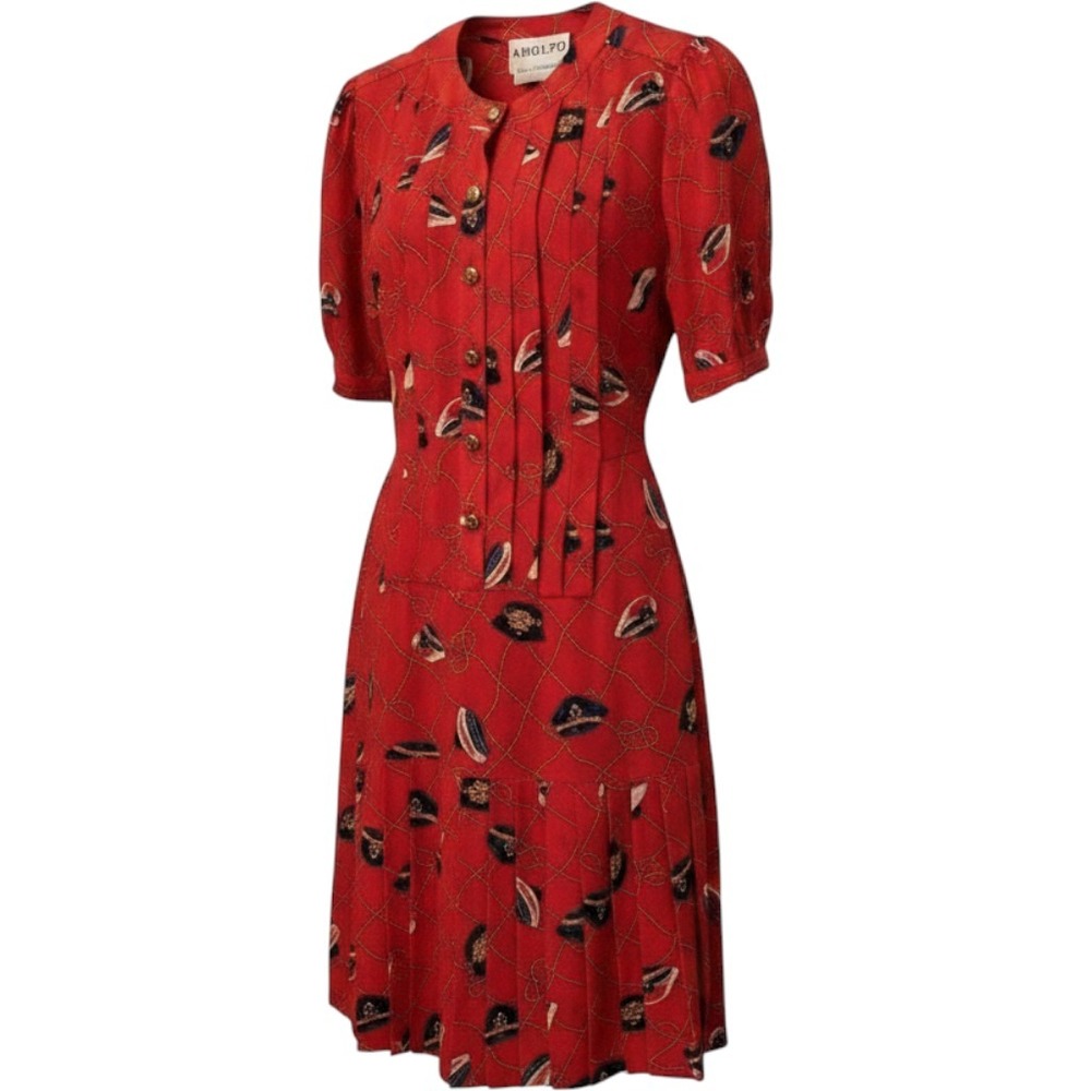 Adolfo Fine Feathers Red Nautical Dress Captain Hat Rope Print Vintage 80s